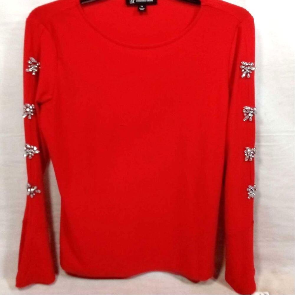 RED INC International Concepts Rhinestone Sleeves Blouse Top